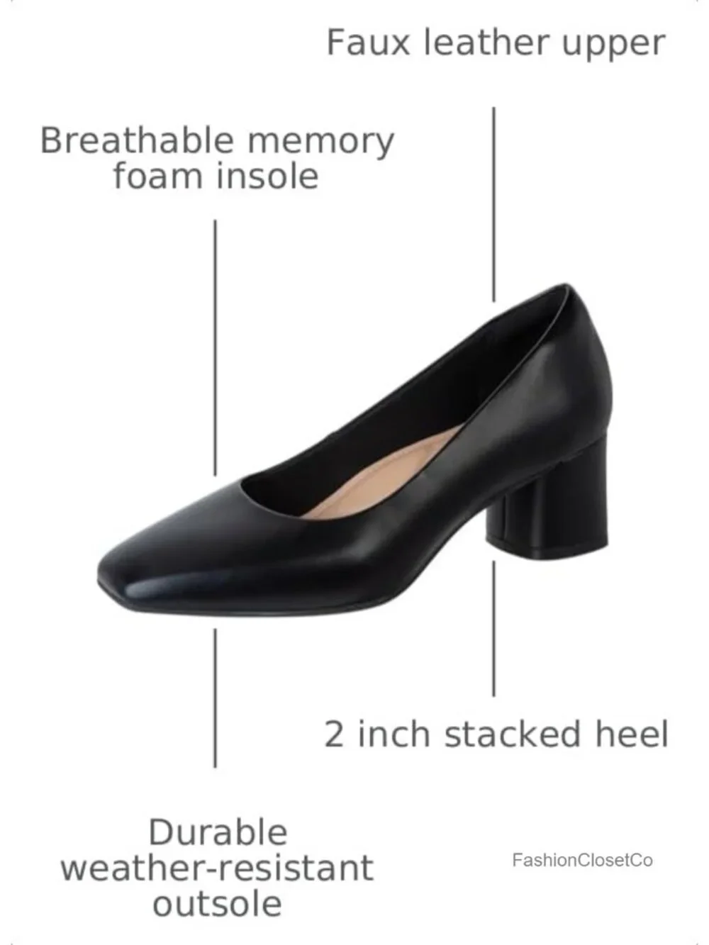 Women's Comfort Plus Memory Foam Block Heel Pumps Square Toe